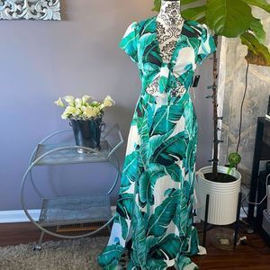 Tropical Green Leaf Print Backless Dress